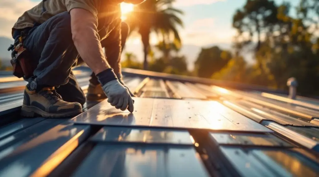 A commercial standing seam metal roof installation on a large industrial facility in Buena Park.