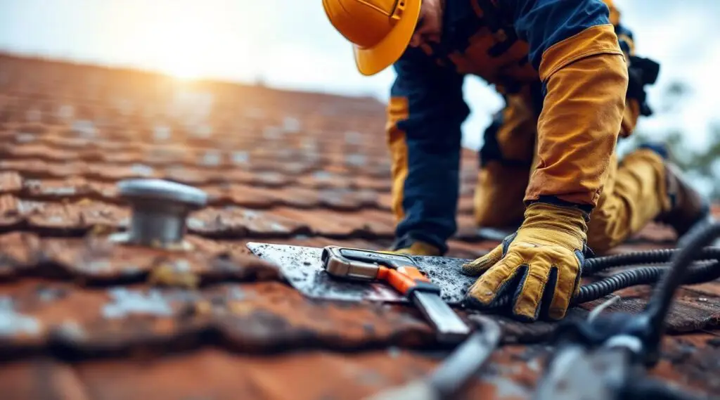 A professional roofing technician in Buena Park examining asphalt shingles and chimney flashing on a residential roof.