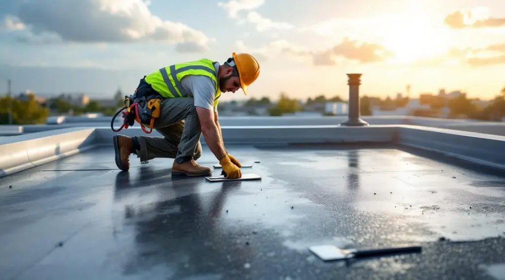 Professional roofing crew installing black EPDM rubber membrane on a large flat commercial roof in Buena Park.