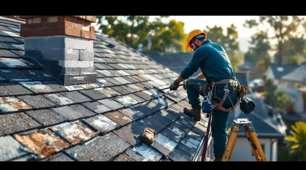 Professional roofing crew installing architectural composition shingles on a commercial building in Buena Park.