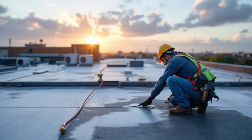 Professional roofing crew heat-welding white TPO membrane seams on a flat Buena Park commercial roof under a clear sky.