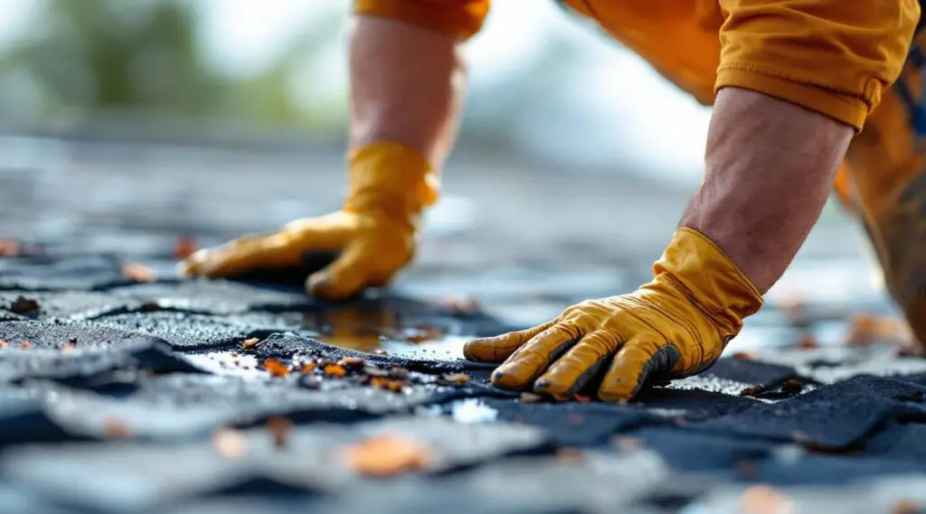 A professional roofer securing a heavy-duty protective tarp over storm-damaged shingles on a Buena Park home.
