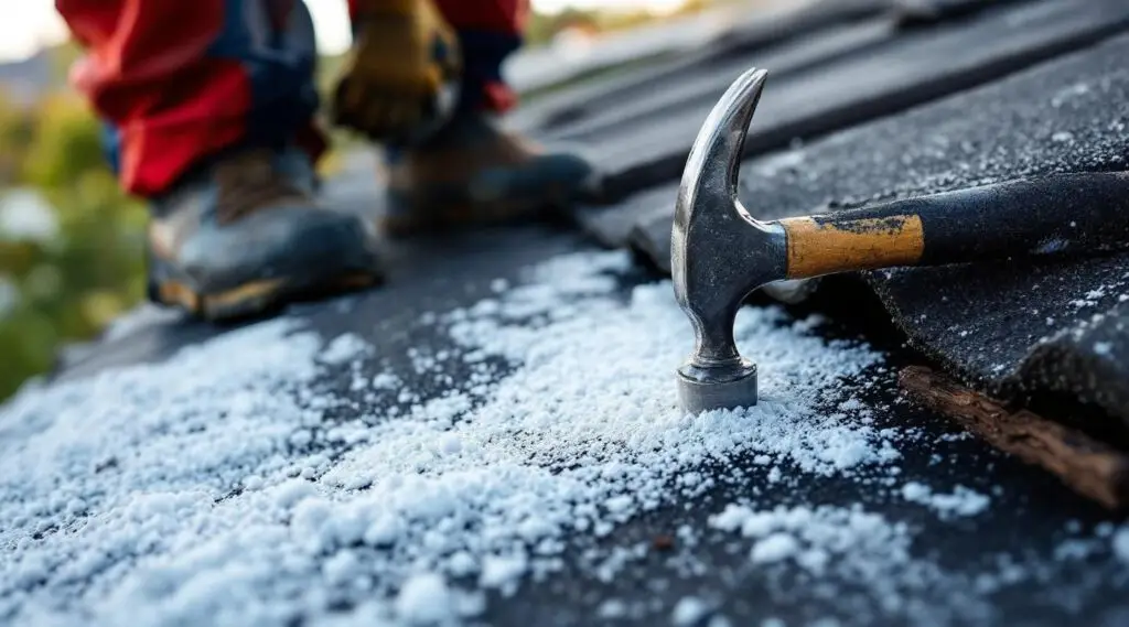 Professional roofer repairing damaged asphalt shingles on a Buena Park home to stop an active leak under clear California skies.