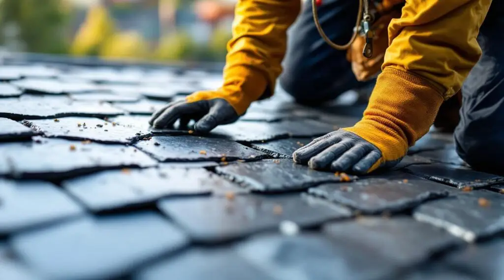 A detailed view of hand-cut gray slate tiles being installed on a commercial roof in Buena Park under clear sunlight.