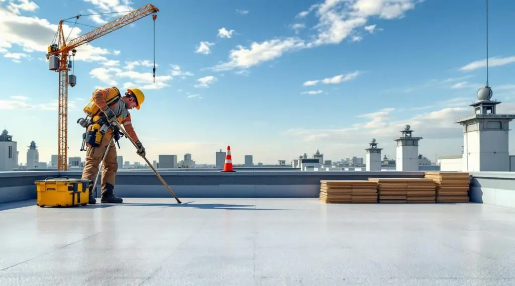 Professional roofing crew heat-welding a white TPO membrane on a large commercial flat roof in Buena Park.