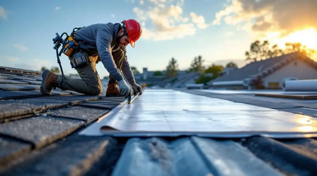A professional roofing crew installing clean architectural shingles on a Buena Park home under warm afternoon sunlight.