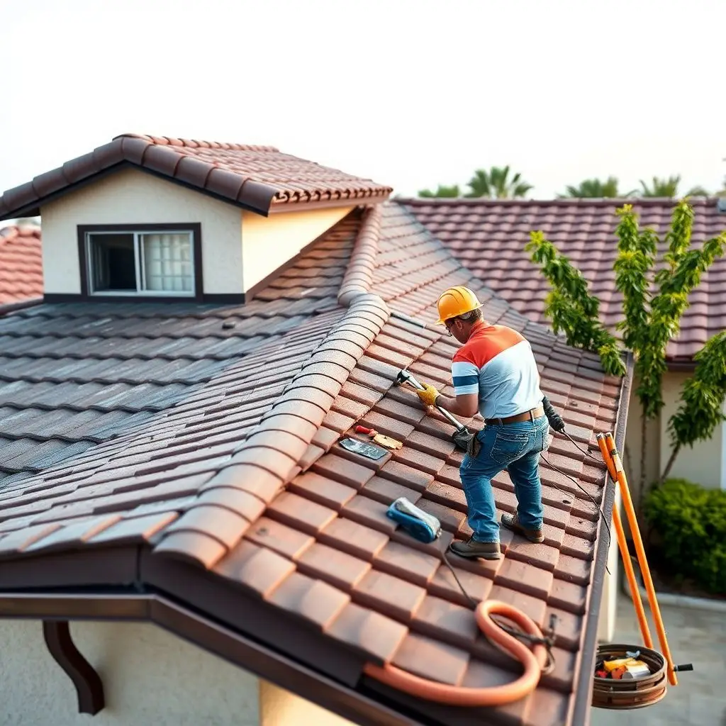 A professional roofer carefully installing architectural shingles on a suburban Buena Park home under warm afternoon sunlight.