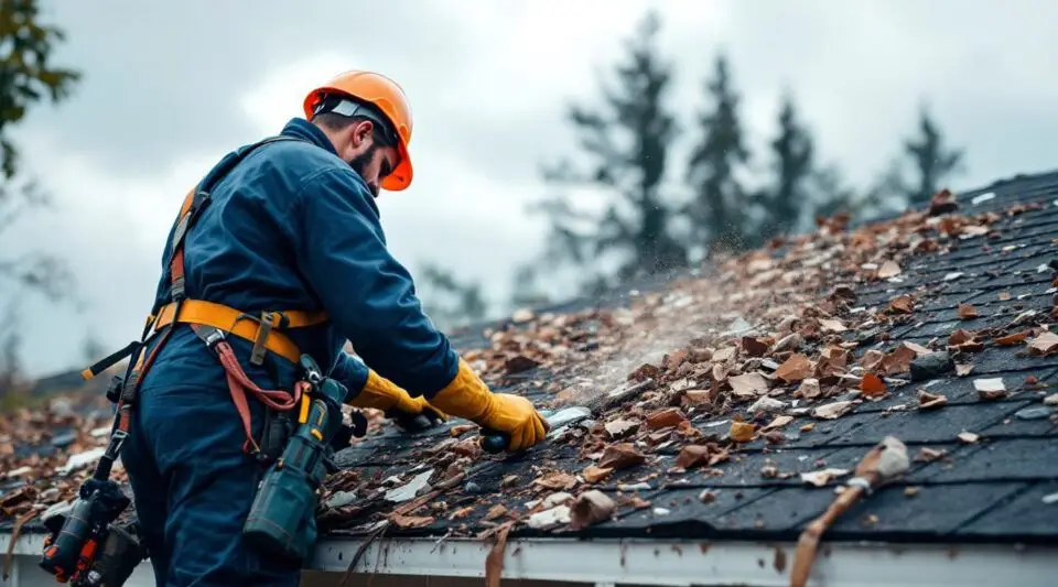 A professional roofing crew from Top Iron Roofing inspecting wind-damaged shingles on a Buena Park residence after a storm.
