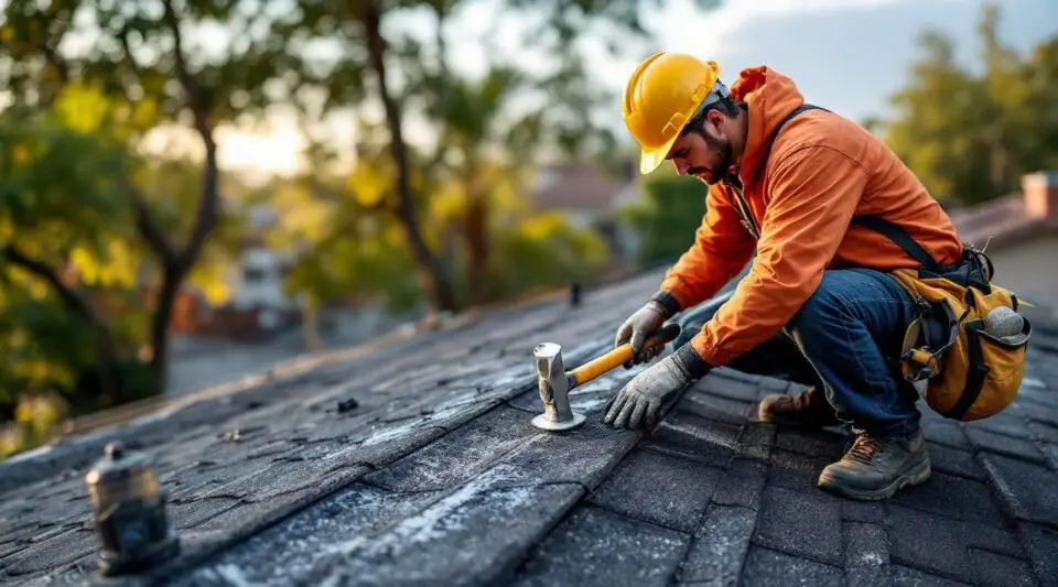 Professional roofer performing shingle replacement and flashing repair on a residential home in Buena Park CA.