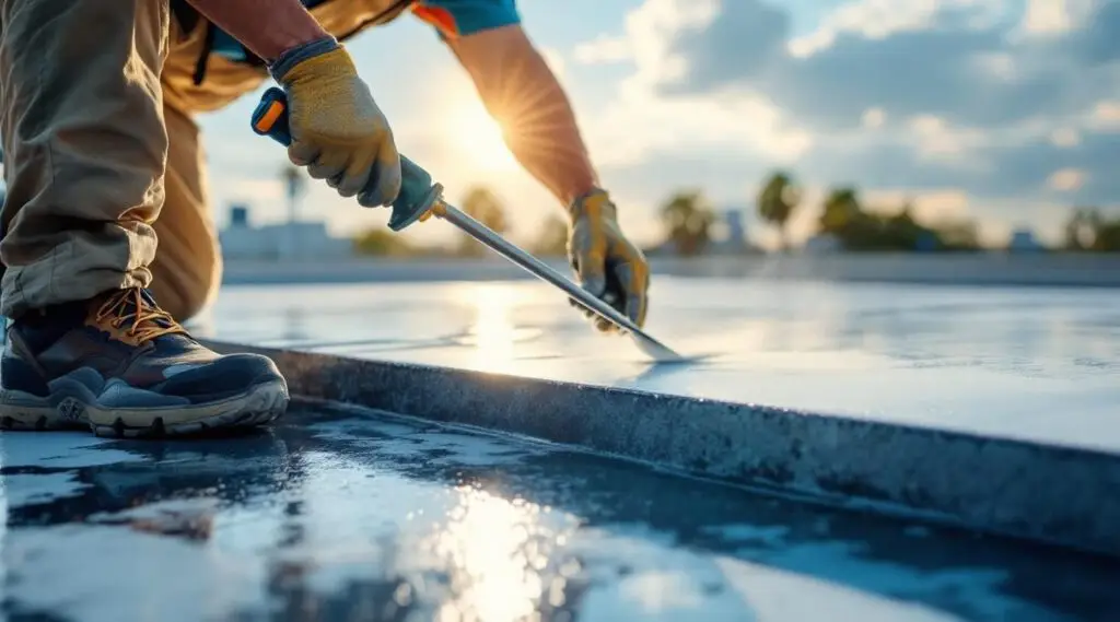 Roofing crew applying white reflective silicone coating to a commercial flat roof in Buena Park under bright sunlight.