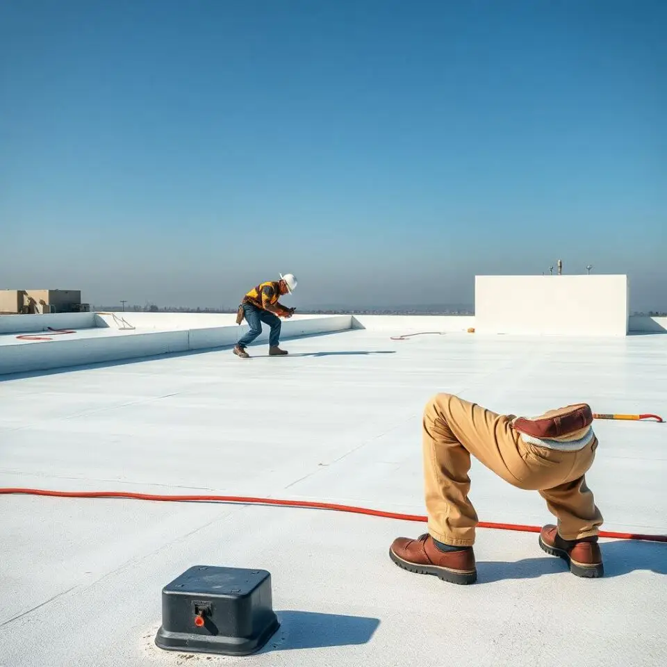 Professional roofing crew performing heat-welded seam repairs on a commercial TPO flat roof in Buena Park.