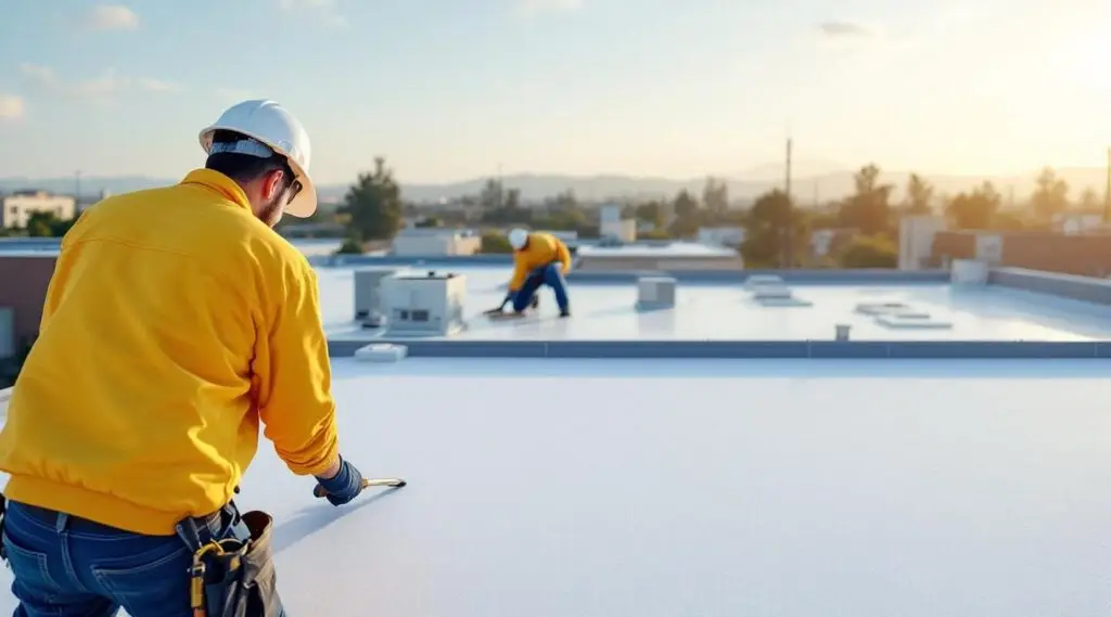 Roofing crew heat-welding white TPO membrane seams on a commercial flat roof in Buena Park under cinematic sunlight.