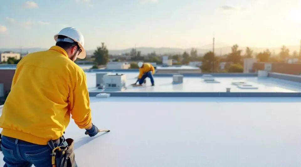 Roofing crew heat-welding white TPO membrane seams on a commercial flat roof in Buena Park under cinematic sunlight.